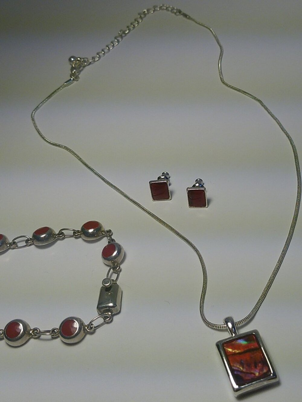 Vintage 925 Sterling Silver Red Carnelian Style Jewelry Set Bracelet & Earrings
